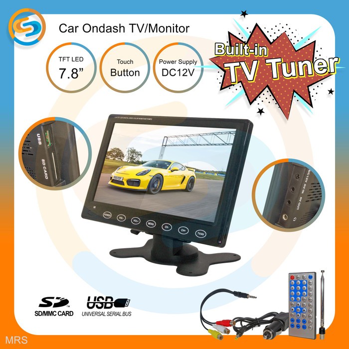 monitor tv ondash tft led 7.8 inch with tv tuner - monitor mobil mrs