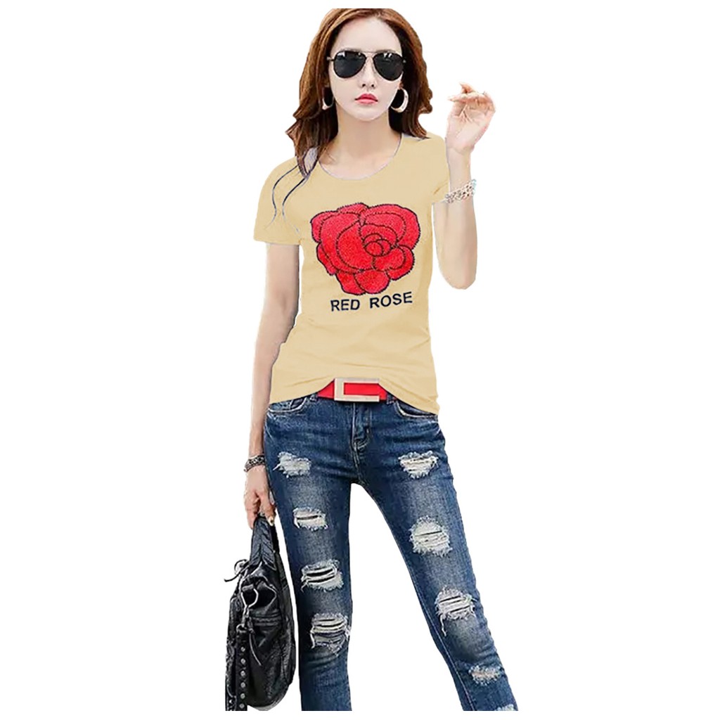 Kaos Tshirt Lengan pendek Wanita Gaya korea Printing - XSHOP Rose