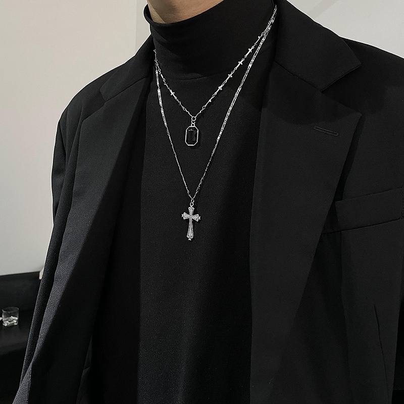 Black Diamond Cross Multilayer Necklace Accessories Stitching Clavicle Chain Personality Street Hip Hop