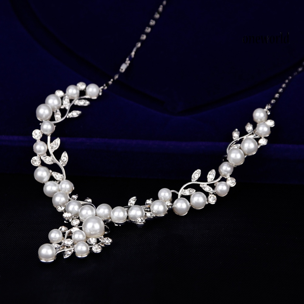 OW@ Women Elegant Faux Pearl Rhinestone Leaves Necklace Earrings Wedding Jewelry Set