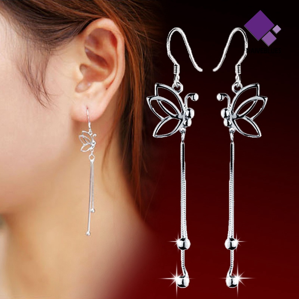 Anting Kait Rantai Panjang Desain Butterfly Menjuntai Bahan Alloy Untuk Wanita