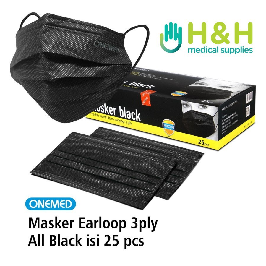 Masker Earloop 3ply Hitam / Masker Korea / Masker Earloop Onemed