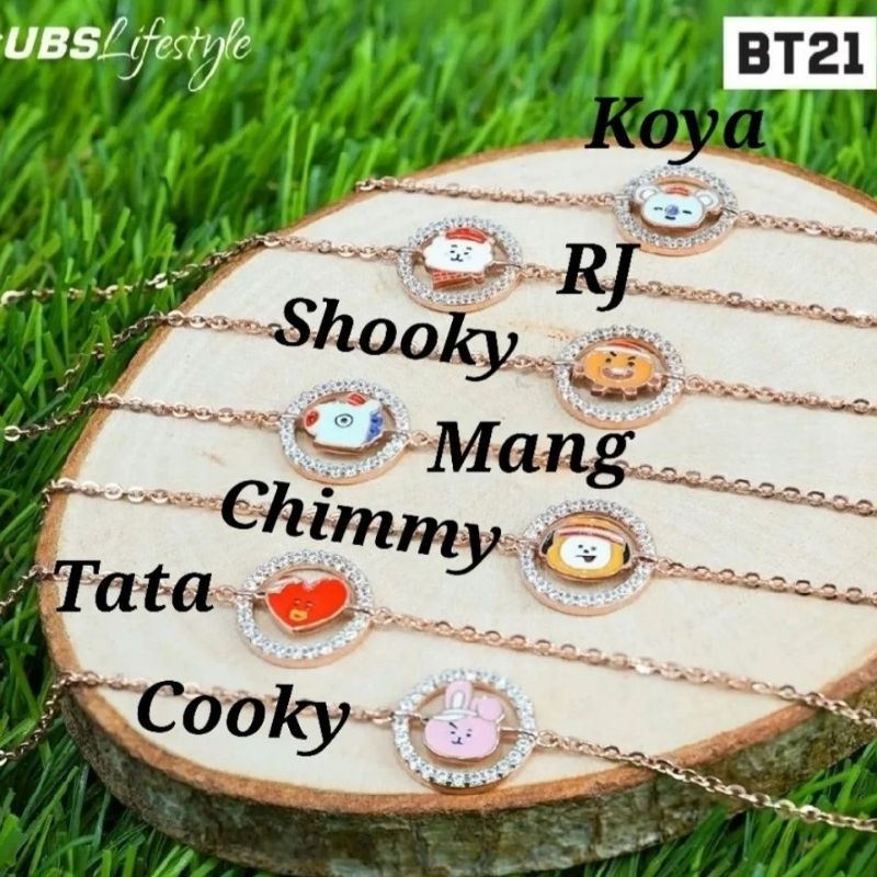 Kalung, giwang anting tusuk, gelang serut BT21 BTS Army Mang, Tata, Koya, Cooky, RJ, Chimmy UBS kadar 375 8K part 1