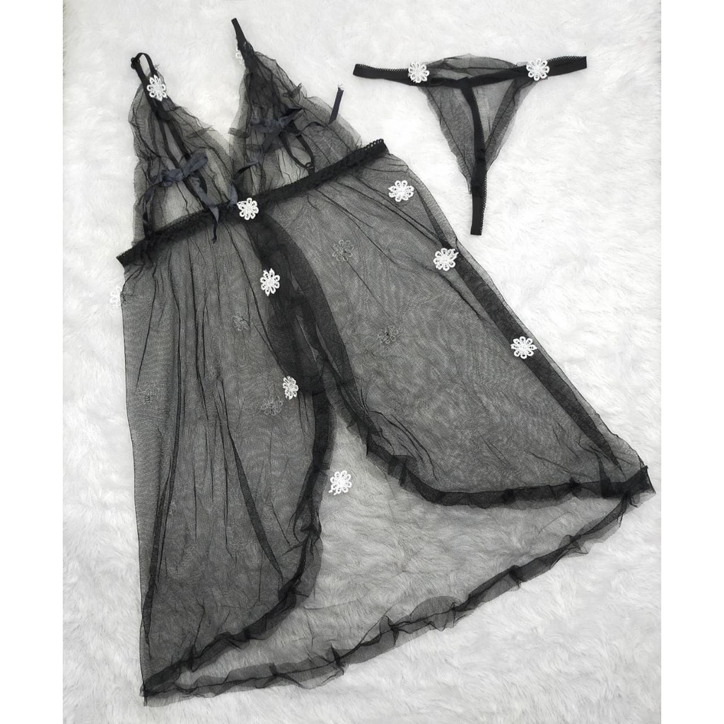 GO! BT375 Baju Tidur Wanita Sexy Lingerie Pajamas Deep V Neck Open Lace Women Nightdress COD