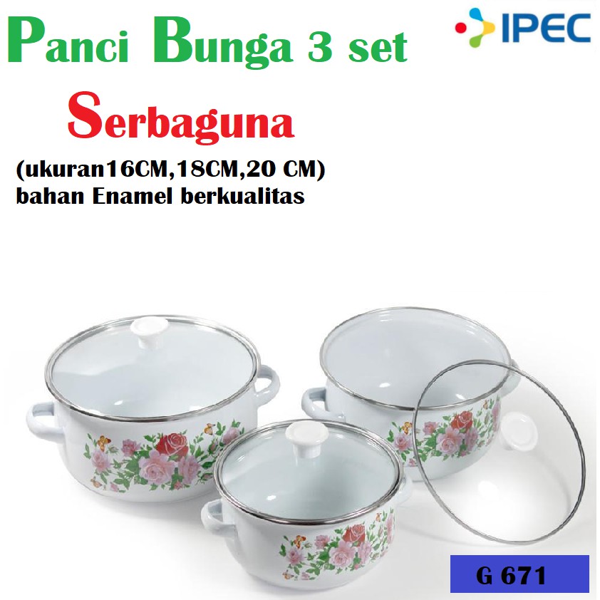 PANCI SET Panci ENAMEL 3 SUSUN MOTIF BUNGA + TUTUP KACA 16 18 20 cm 1618