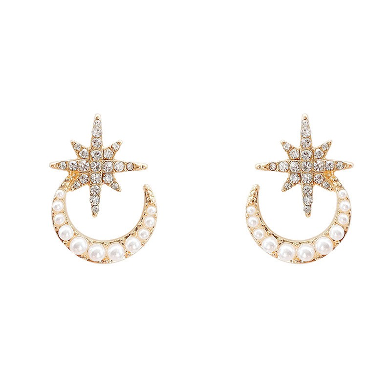 Anting Stud 925 Silver Needle Bentuk Bulan Bintang Aksen Mutiara