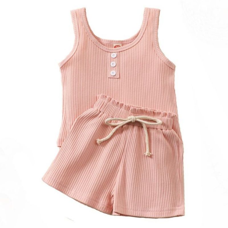 Setelan Andien 6 bulan - 2 Tahun / Setelan Singlet Katung Tanpa Lengan / Setelan Anak Bayi Hotpants Tali Rib / Ribbed Tank Set