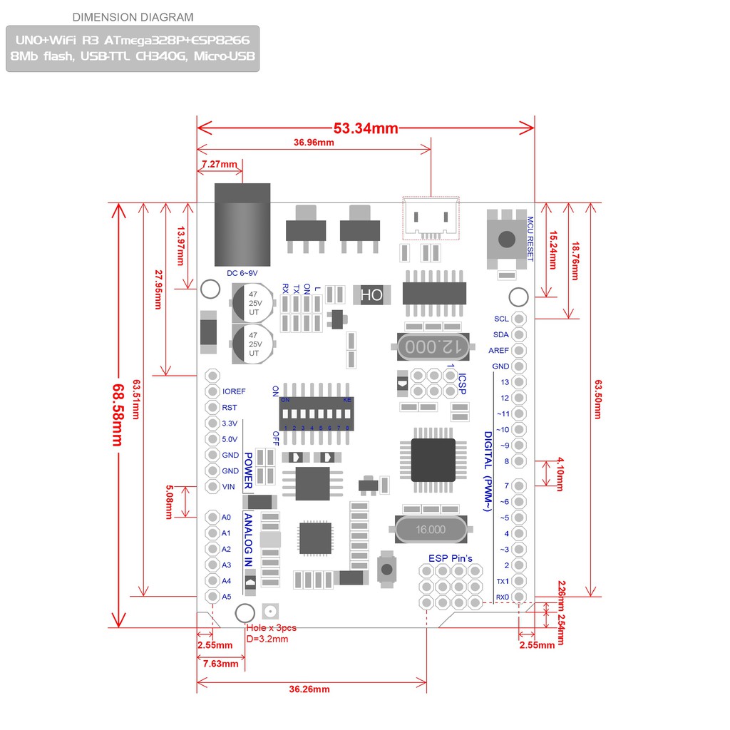 Arduino Uno R3 Compatible Atmega328P &amp; Wifi ESP8266 NodeMCU Wemos