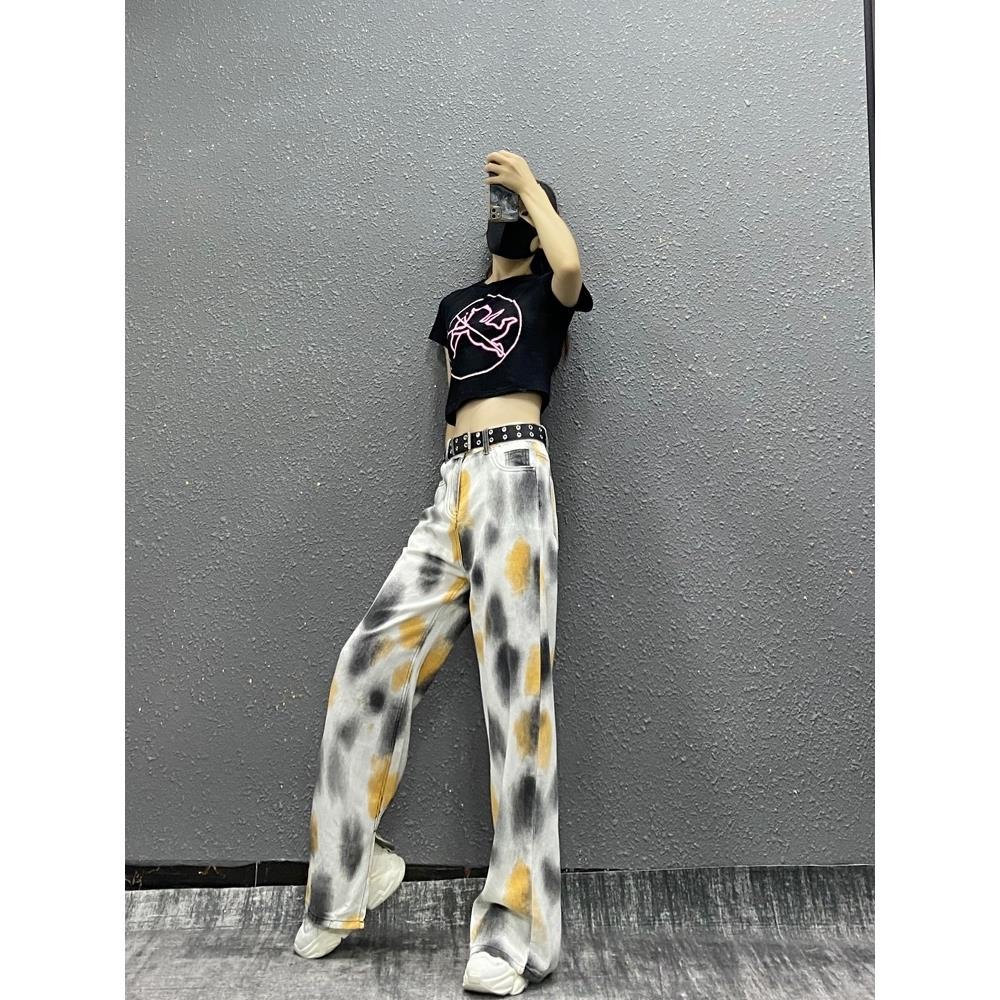 celana jeans pinggang tinggi warna tie-dye gaya barat slit wide leg jeans wanita musim gugur dan mus