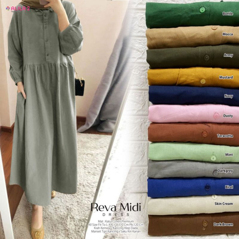Dress Midi/Reva Midi Dress/Tunik Wanita Terbaru Kekinian Allsize Jumbo XXL Termurah Terlaris Casual 