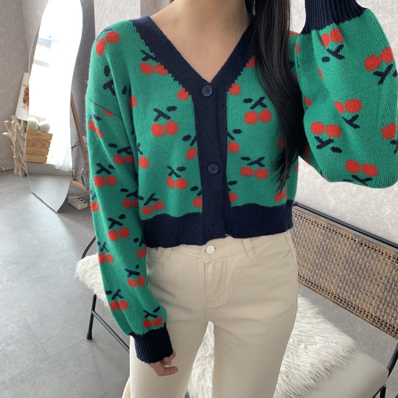 Quilla Cherry Cardigan Sweater Korean Style Outer Import Korea-Green