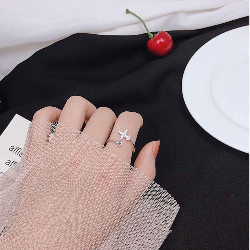 Mxbeauty Cincin Bentuk Bintang Pesawat Aksen Kristal Warna Silver Dapat Disesuaikan