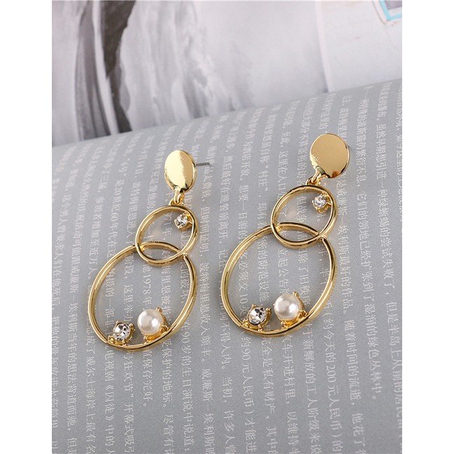 LRC Anting Tusuk Fashion Gold Gemstone Artificial pearl Gourd Ring Earrings D52152