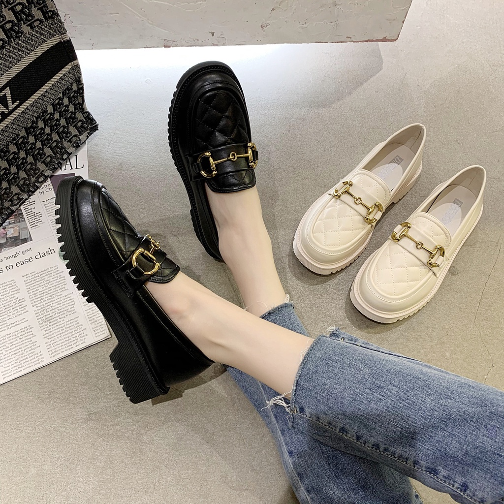 Sepatu Pantofel Slip on Wanita Cewek Import Kulit Sol Karet Murah Hitam Casual Beige Black Loafers Flat Shoes - Ukuran 35 36 37 38 39 40-5