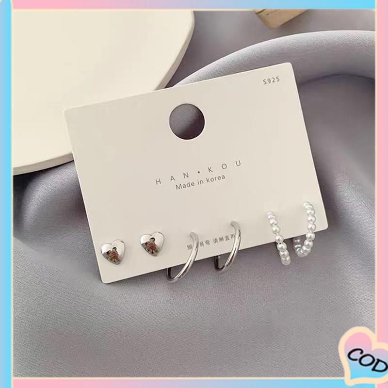 

COD❤️3 Pasang Niche Design Love Pearl Earrings High-end Light Luxury Temperament Personality Earrings-A.one