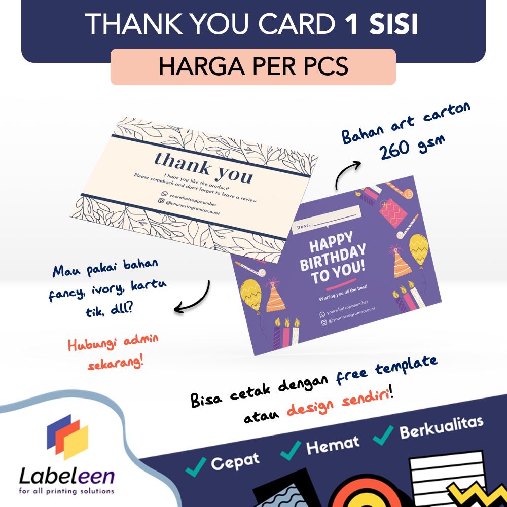 [1 SISI] CETAK THANK YOU CARD CUSTOM MURAH/ KARTU UNDANGAN/ SOUVENIR/ ULTAH/ WEDDING/ UCAPAN | HARGA