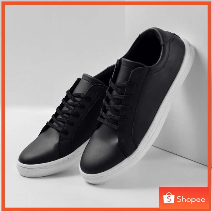 Sepatu Sneakers Pria Wanita Casual Kulit Putih Kasual Simpel Cowok Cewek Ori - Victor Black White