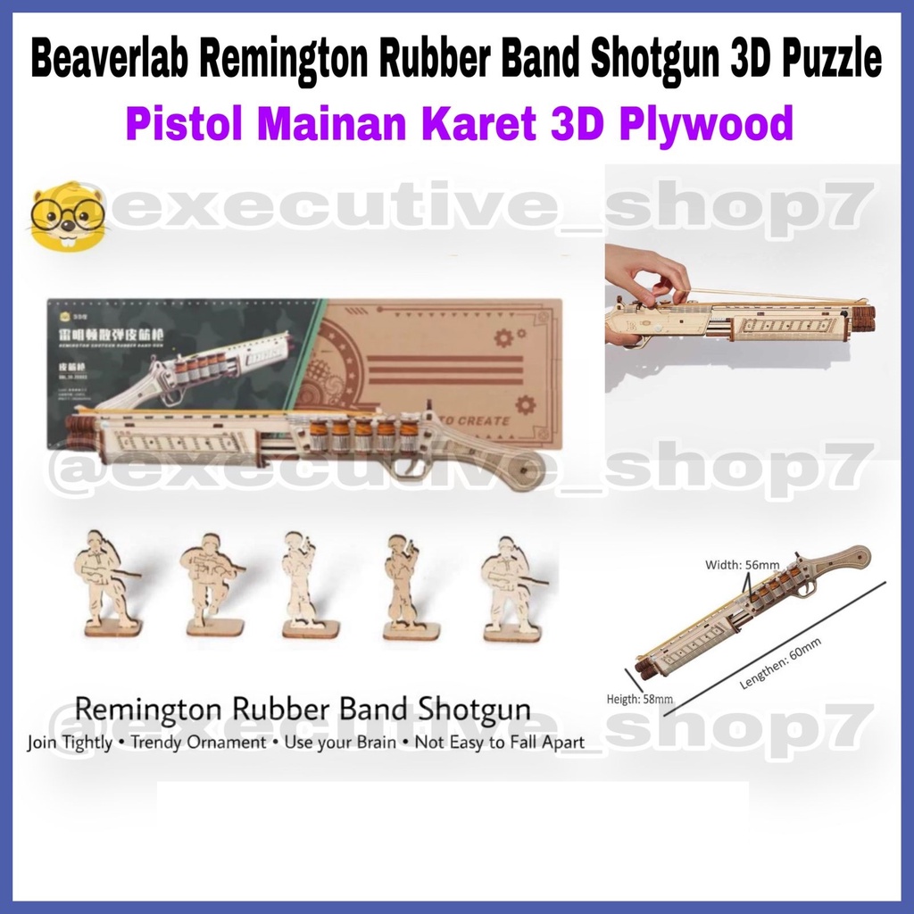 Beaverlab Remington Rubber Band Shotgun 3D Puzzle - Pistol Mainan Karet 3D Plywood