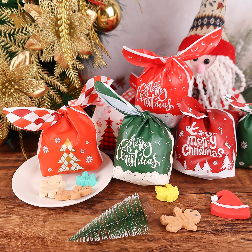 50 Pcs Tas Kemasan Permen Kue Kering Bahan EVA Motif Telinga Kelinci Santa Claus Untuk Pesta Natal