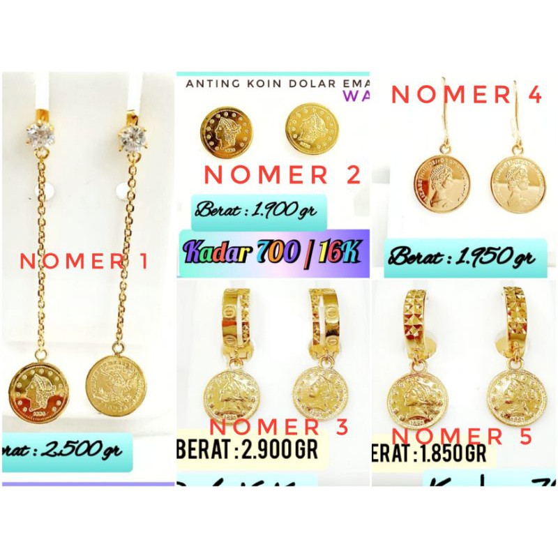 TERBARU Perhiasan Anting Giwang Koin Dolar Dollar Emas Kuning Kadar 16K / 16 karat / 70% / 700