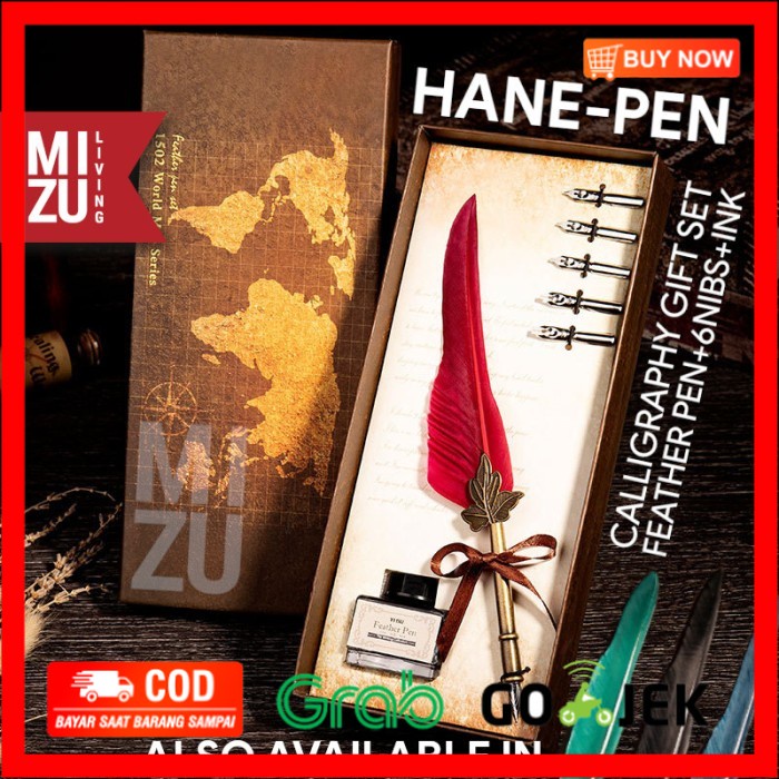 

(BISA COD) MIZU HANEPEN Calligraphy Set Feather Quill Dip Pen Bulu 6 Nibs 1 Ink - Merah