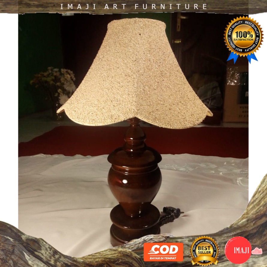 [ COD ] Lampu meja duduk hias dekorasi kamar ruang tamu (kap coklat pasir) furniture kayu jati blora