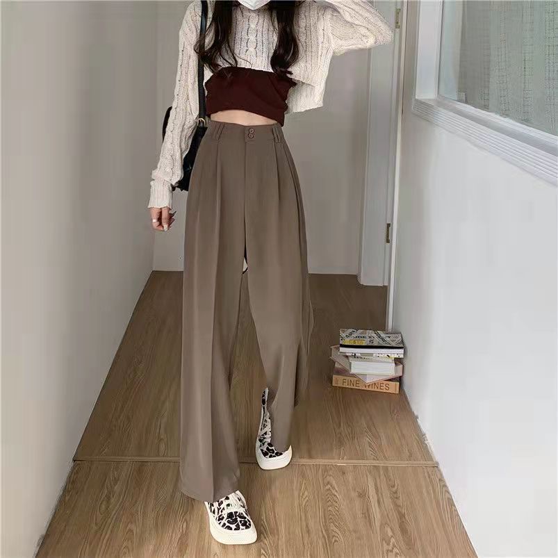 [chaoo.id]Celana panjang lurus pinggang tinggi wanita Korea warna solid celana setelan longgar kasual/celana kulot wanita korean style loose highwait/celana wanita terbaru/straight pants/celana panjang wanita celana bahan