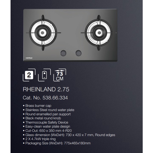 HAFELE 538.66.334 RHEINLAND 2.75 - KOMPOR GAS 73 X 42 CM - 2 TUNGKU