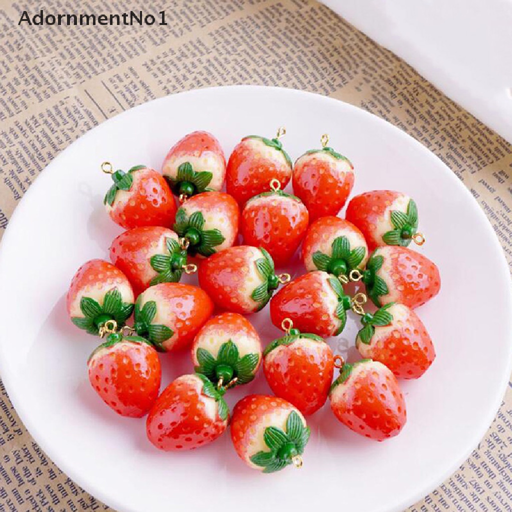 (AdornmentNo1) 10pcs Liontin Bentuk Buah Strawberry 3D Bahan Resin Untuk Kerajinan Tangan DIY