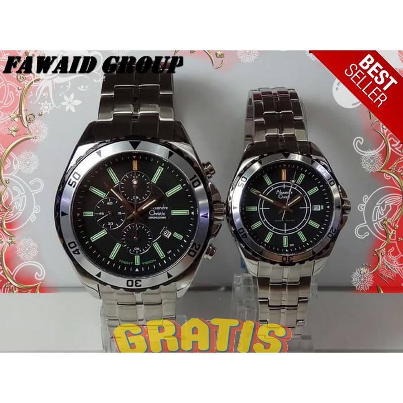BEST SELLER JAM TANGAN WANITA ALEXANDRE CHRISTIE AC 9214 PRIA SPORTY NIGHT VISION SILVER BLACK ORI
