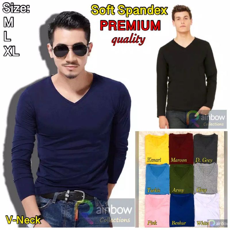 Kaos Polos Lengan Panjang Oblong V-neck / Vneck Pria -Spandex / V-Neck Cowok Panjang