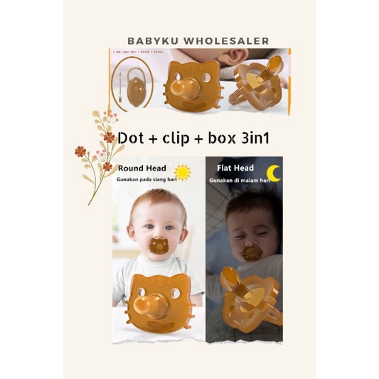 Empeng dot bayi silikon BPA FREE dengan rantai dan kotak 3in1 set