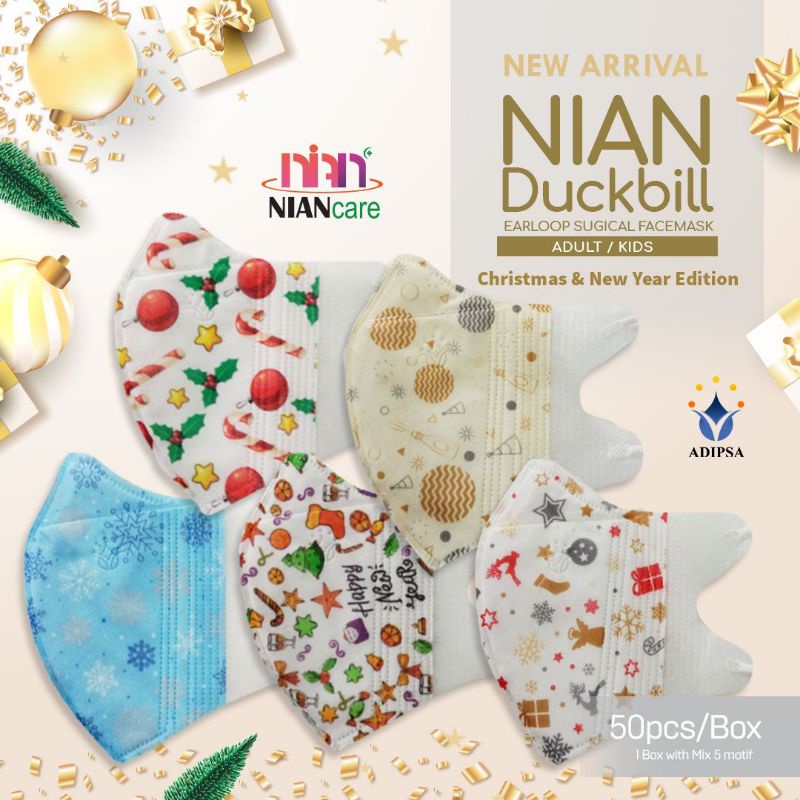 Masker Duckbill Dewasa Earloop Nian Mix 5 Motif Natal & New Year Isi 50 Pcs Medis 3 Ply
