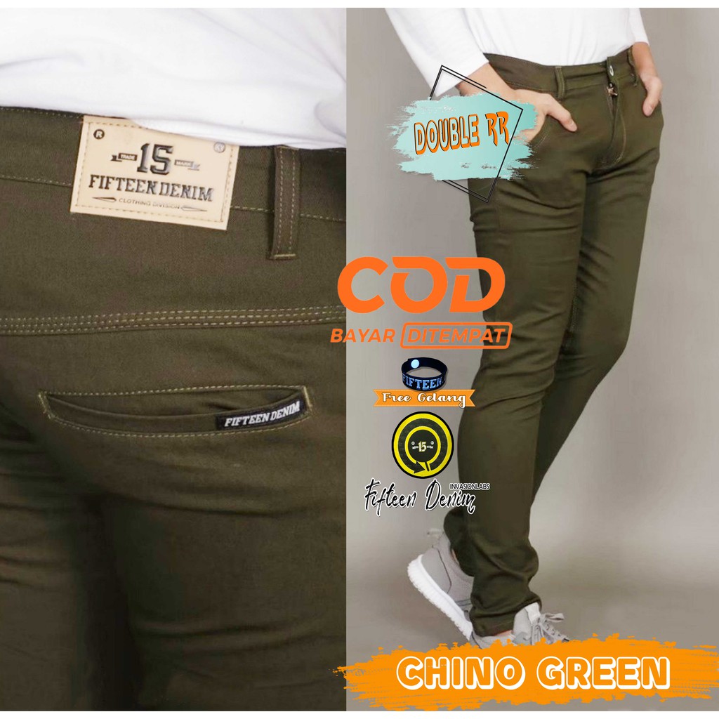 CELANA PRIA CHINO GREEN Slim fit Panjang Pria Kerja kantor Santai Liburan Cowok Original Fifteen Denim