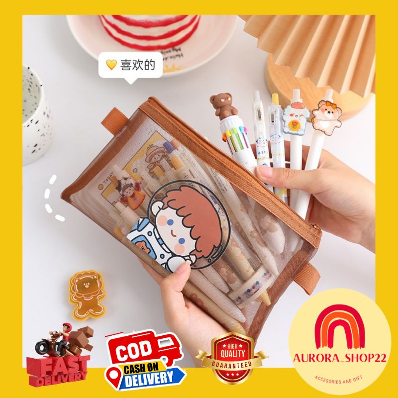 

[COD] Tempat Pensil Lucu Cute Model Jaring Transparan Coklat dan Multicolour Cute Import Kekinian