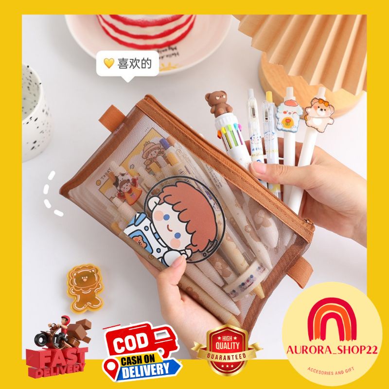 [COD] Tempat Pensil Lucu Cute Model Jaring Transparan Coklat dan Multicolour Cute Import Kekinian