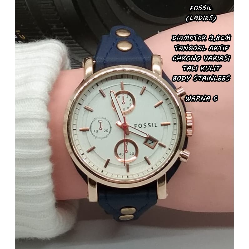 JAM TANGAN WANITA FASHION TALI KULIT TANGGAL AKTIF CHRONO VARIASI