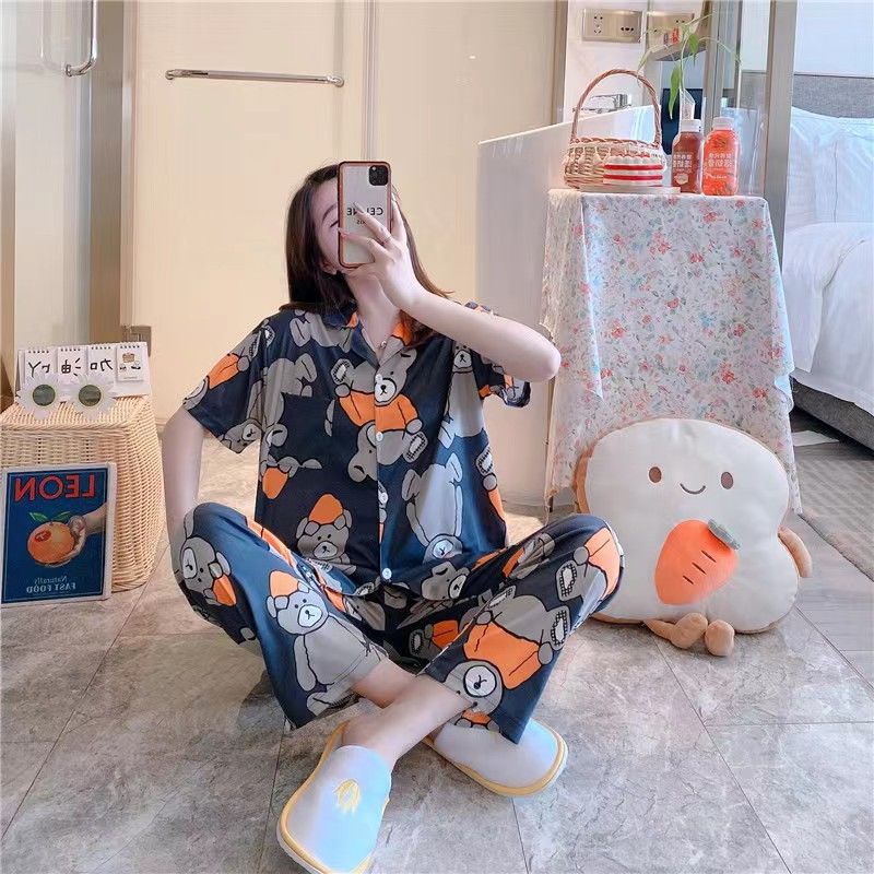 Baju tidur wanita / Piyama Cp baju tidur wanita krah pendek import kotak freesize-CP.K TEDDY HITAM