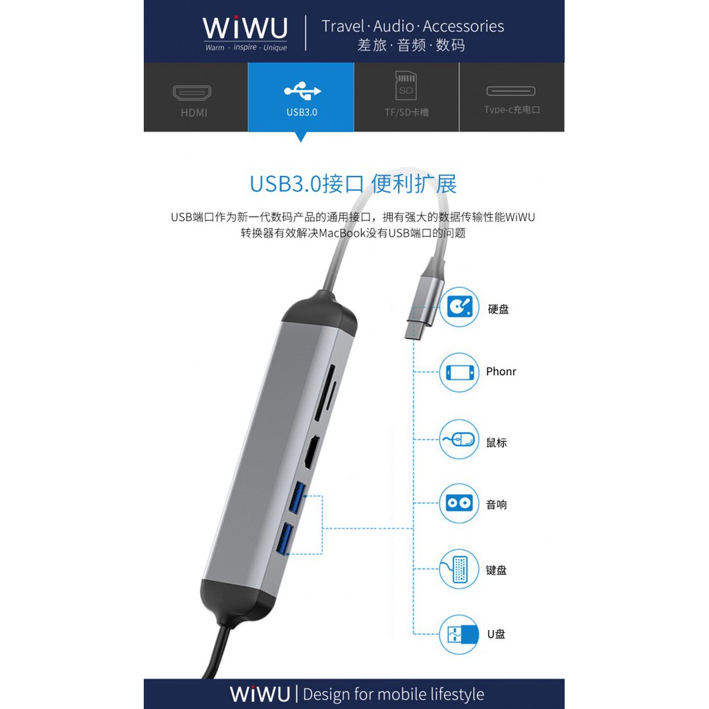 AKN88 - WIWU Alpha 521H 5 in 1 USB-C HUB Adapter USB HDMI SD TF Card PD Port