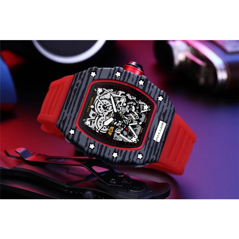 Jam Tangan Pria Mechanical Automatic Homage RM Black List Red Paulareis Original