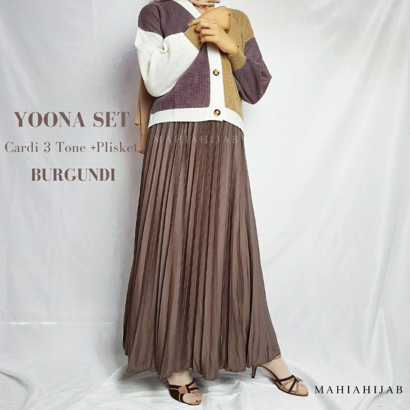 Yoona Set Cardi 3tone + Rok plisket premium,KOREAN STYLE,daily outfit , OUTFIT RAJUT ,  SETELAN LENGKAP , by Mahiahijab