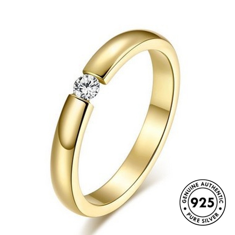 Cincin Berlian Tunggal Bahan S925 Silver Warna Rose Gold Glossy Untuk Pasangan