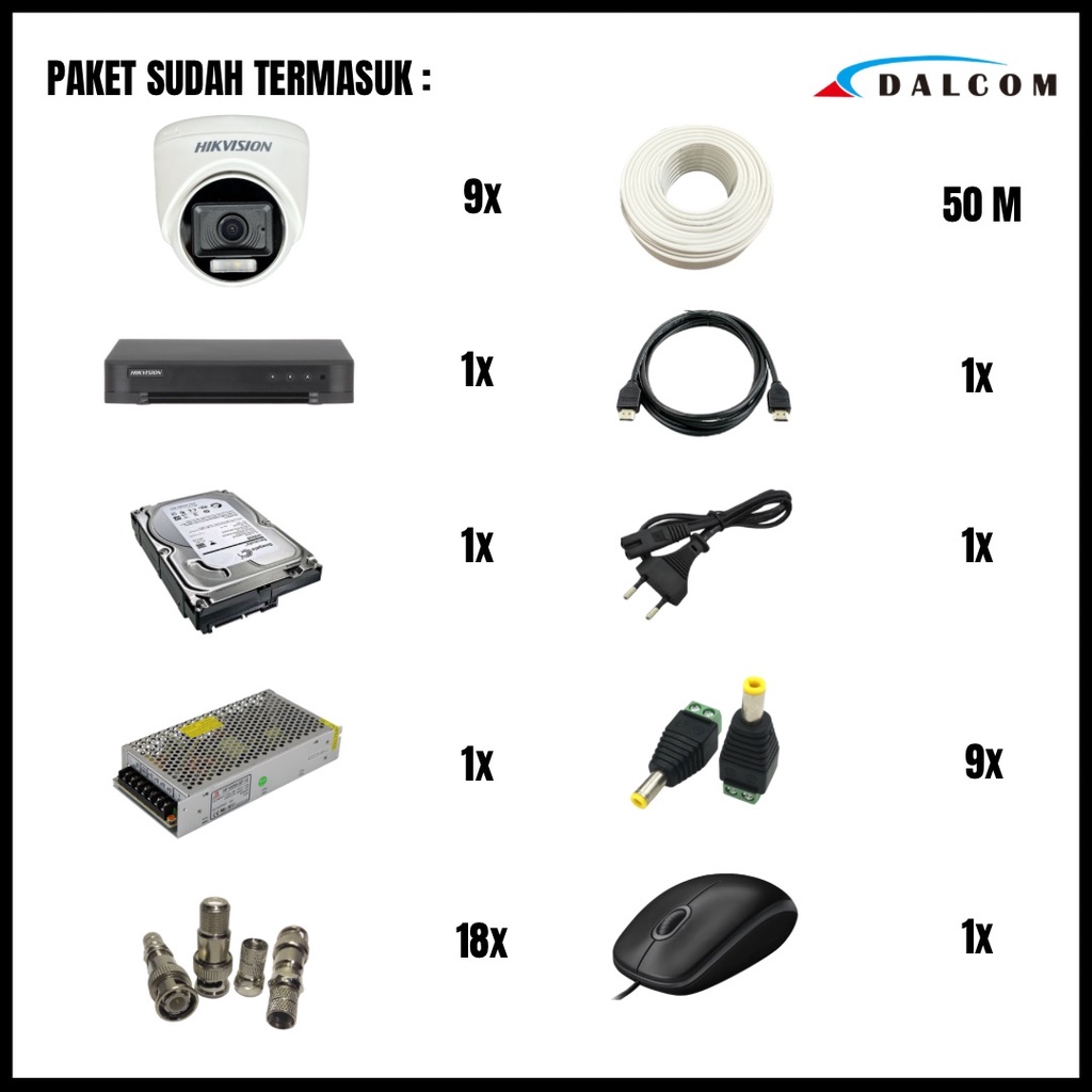 PAKET CCTV HIKVISION COLORVU 3K 5MP 16 CHANNEL 9 CAMERA KAMERA CCTV COLORFUL