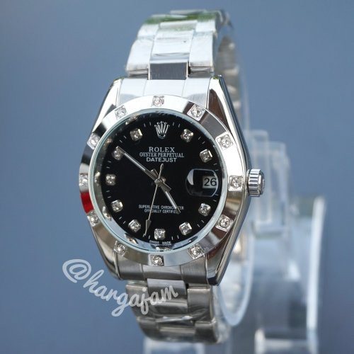 Jam Automatic Rolex R1003 Oyster Perpetual Rantai Silver Plat Black (hargajam harga jam matic