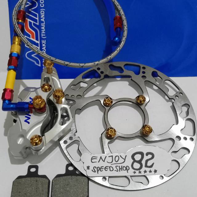 Paket Kaliper 2p 2 piston Plus Breket Disc 220 mm Ninja R RR Satria Fu untuk Tromol Beat &amp; Mio