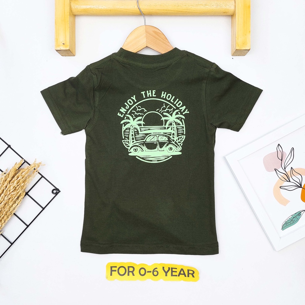Bronkis Junior Kaos Anak Laki Laki Warna Hijau Lumut Cotton Enjoy The Holiday