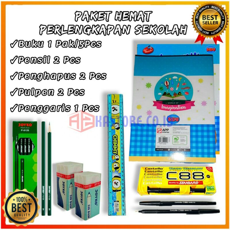 

Paket Lengkap Buku Tulis SIDU Sinar Dunia Isi 38 Lembar 1 Pak Isi 10 Pcs/Pulpen Standard C88/Pensil 2B Joyko/Penghapus Joyko 526/Penggaris Karakter BT21