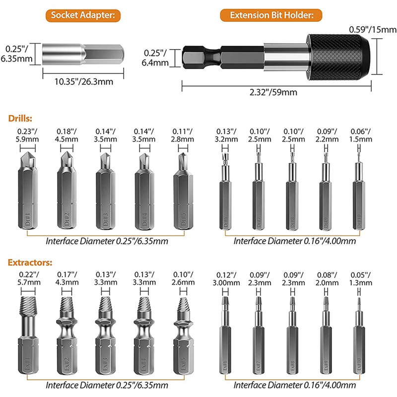 Damaged Screw Extractor Set,22 PCS Stripped Screw Extractor Kit, HSS Broken Screw Remover Set with Bit &amp; Socket Adapter