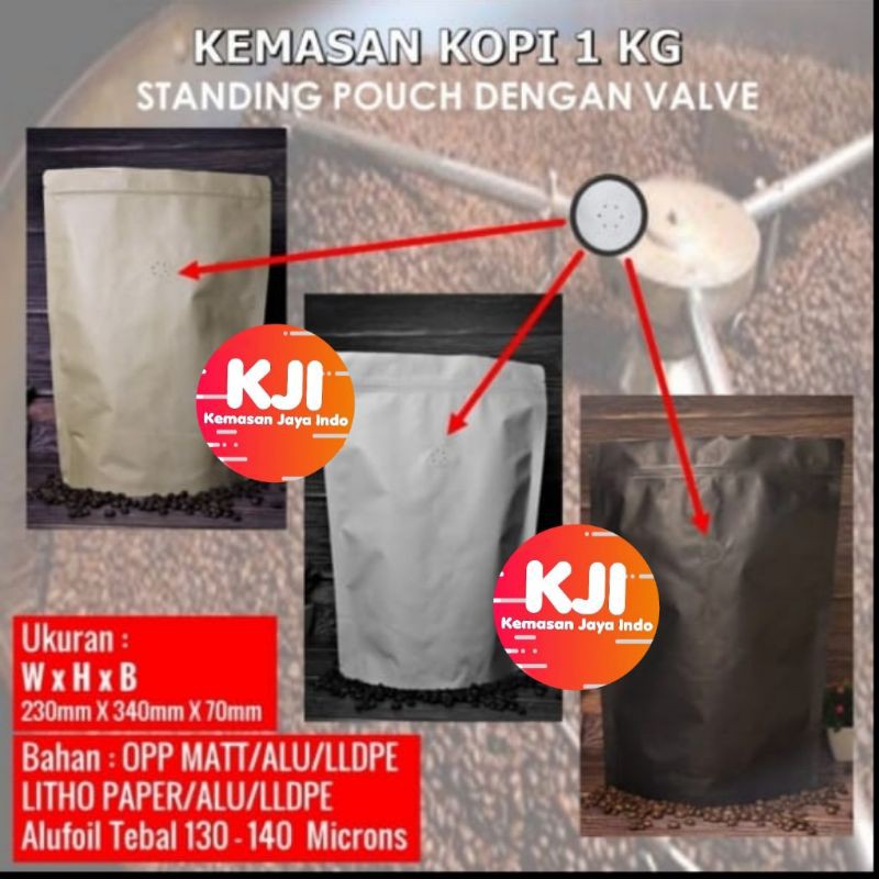 Kemasan Kopi Standing Pouch 1 kg zipper n valve. kemasan kopi.