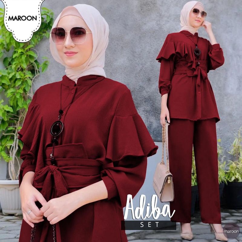 Setelan gamis celana muslim set Adiba setelan baju perempuan kemeja lengan panjang celana panjang wa